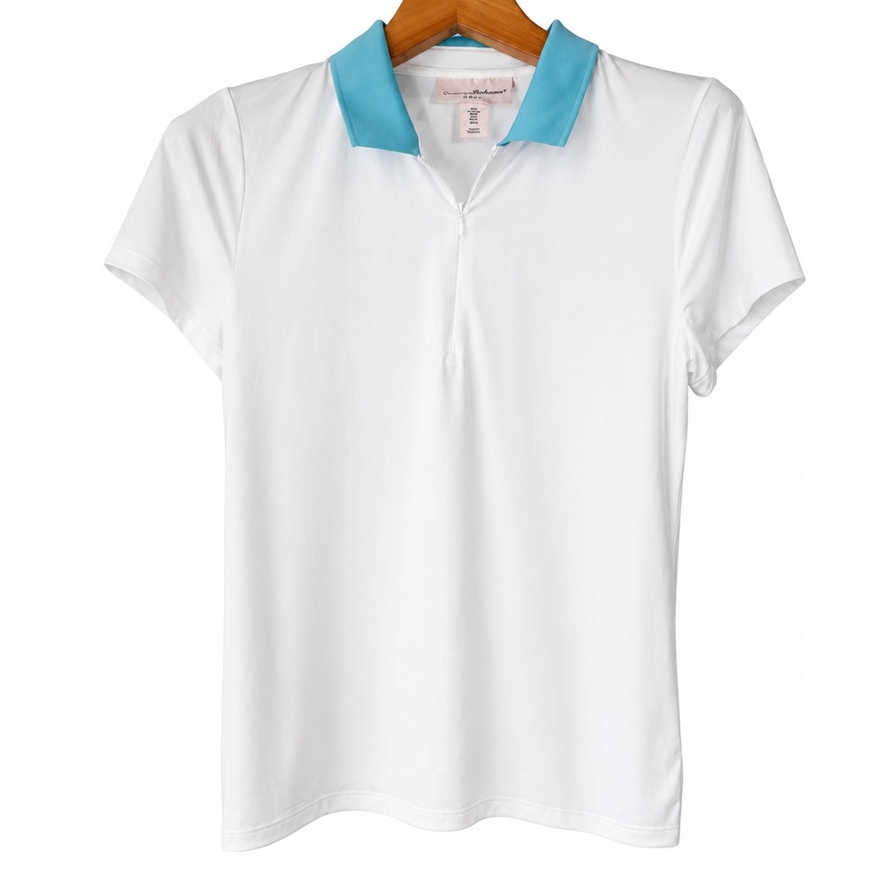 Tommy Bahama Golf Womens Large White Aqua Blue Half Zip Polo Shirt Short Sleeve
